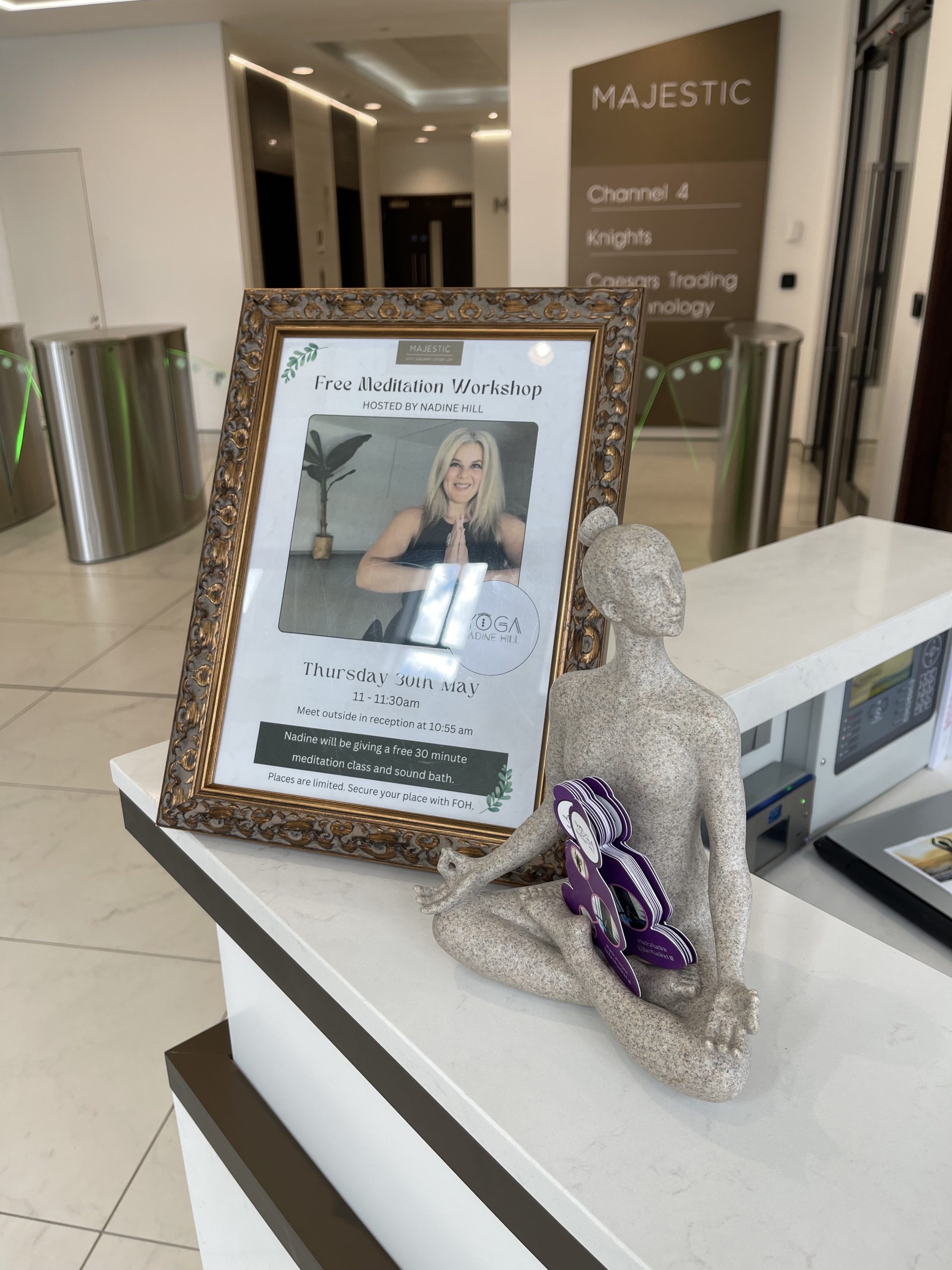 poster on reception, Yoga by Nadine Hill corporate client, Majestic, Leeds